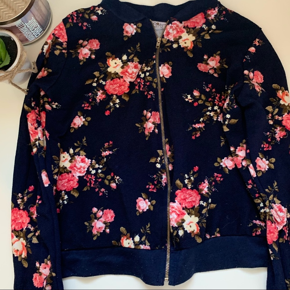 Navy floral bomber jacket
